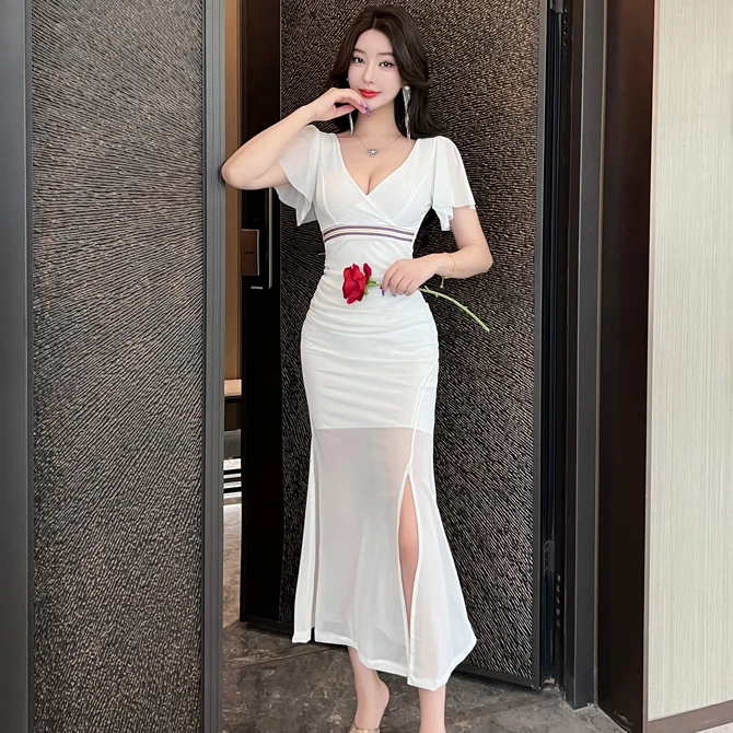 夏季新款性感V领网纱飞飞袖连衣裙晚礼服足浴技师工作服镂空长裙