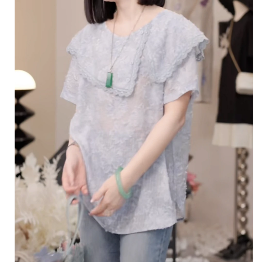 设计感翻领提花精致短袖上衣女2025夏季新款出游度假风重工t恤潮