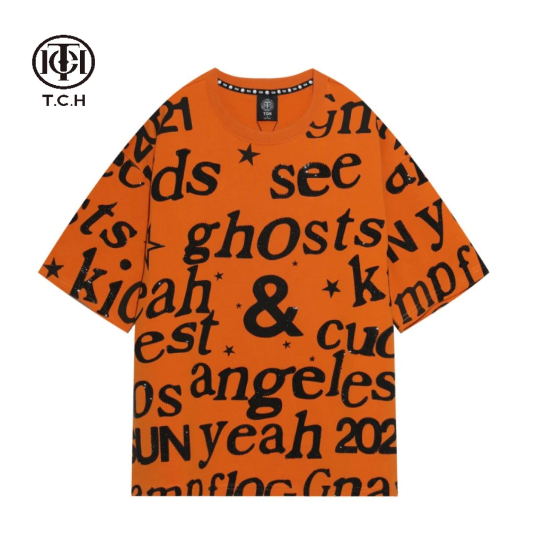 轻奢-TECHNO CHILLOUT HOUSE潮牌字母烫钻橙色短袖T恤T21110C6042