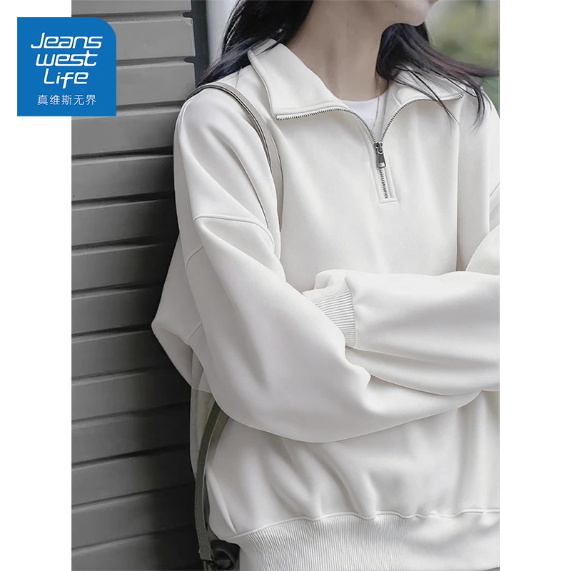 真维斯无界奥粒绒翻领卫衣冬季polo领时尚百搭显瘦休闲上衣外套S