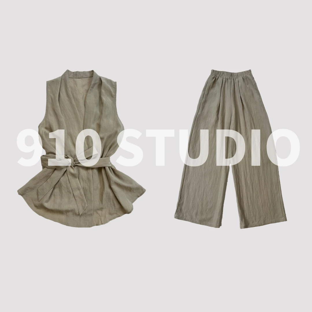 910STUDIO「法式休闲」百搭简约多巴胺显瘦气质出片亚麻套装