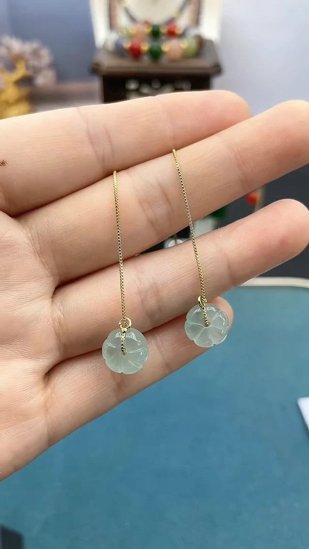 翡翠14K金镶嵌耳饰冰小南瓜*冰