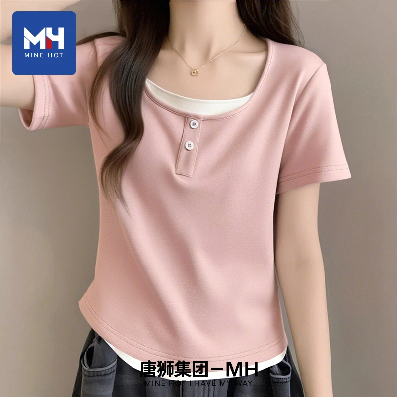 唐狮集团MH短袖女2025新款假两件蓝色t恤夏季纯欲风收腰短款上衣