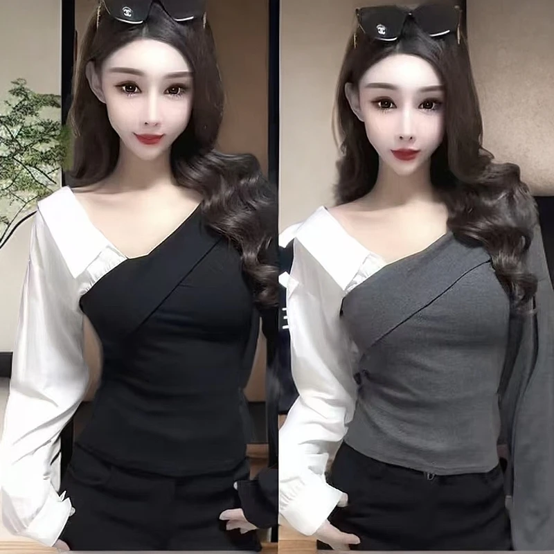 打底衫小众T恤拼接百搭修身型长袖时尚秋季秋冬修身V领吸汗洋气