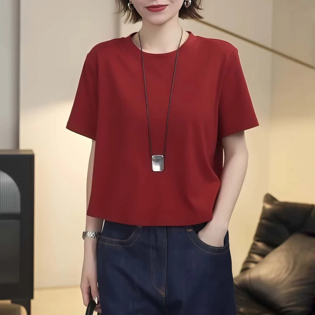 夏季宽松圆领正肩短袖女T恤2025新款时尚洋气休闲百搭减龄上衣