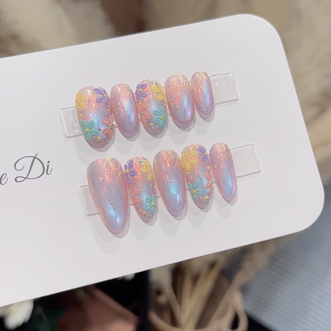 【独角兽】姐弟纯手工穿戴美甲手绘立体花波浪纹