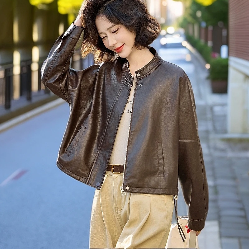 短款皮衣外套女2025新款春秋小个子气质复古宽松立领PU皮机车夹克