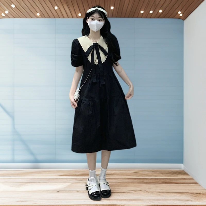 女大童夏日新款短袖连衣裙学生裙子12-15岁蝴蝶结收腰显瘦中长款