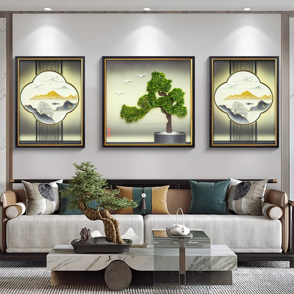 货客厅沙发背景墙挂画装饰画高端新中式三联迎客松壁画80200