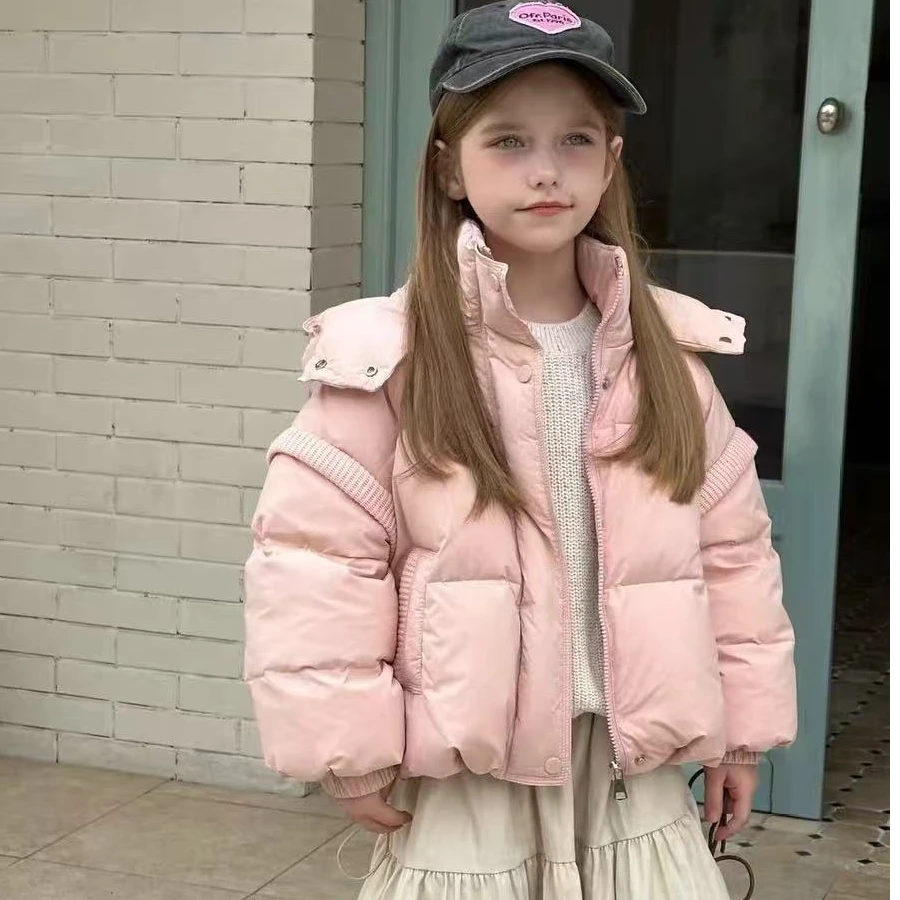 秋雨【现】【旭】中大童韩版纯色针织连帽洋气公主保暖羽绒外套