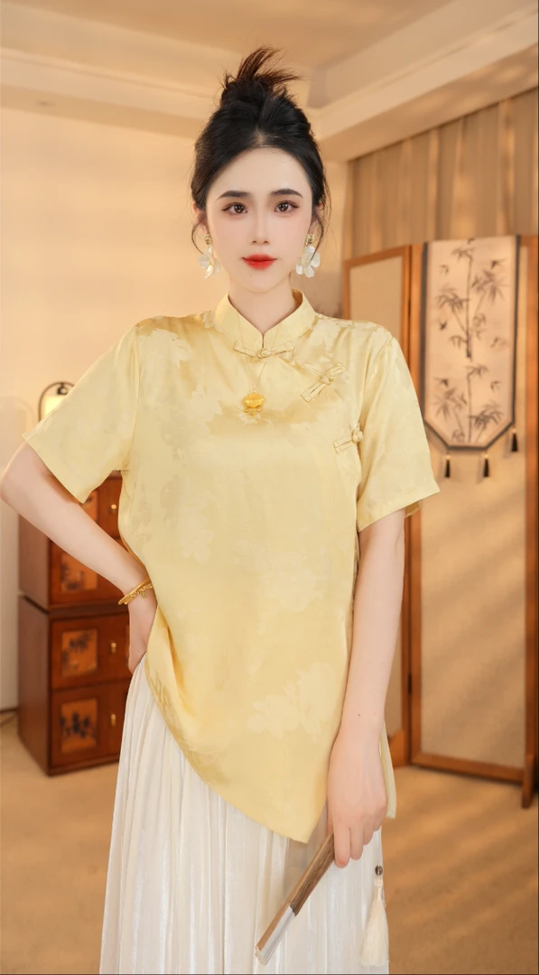 禾意【新款】2025春季新款新中式小众国风女装提花刺绣圆领长袖上衣