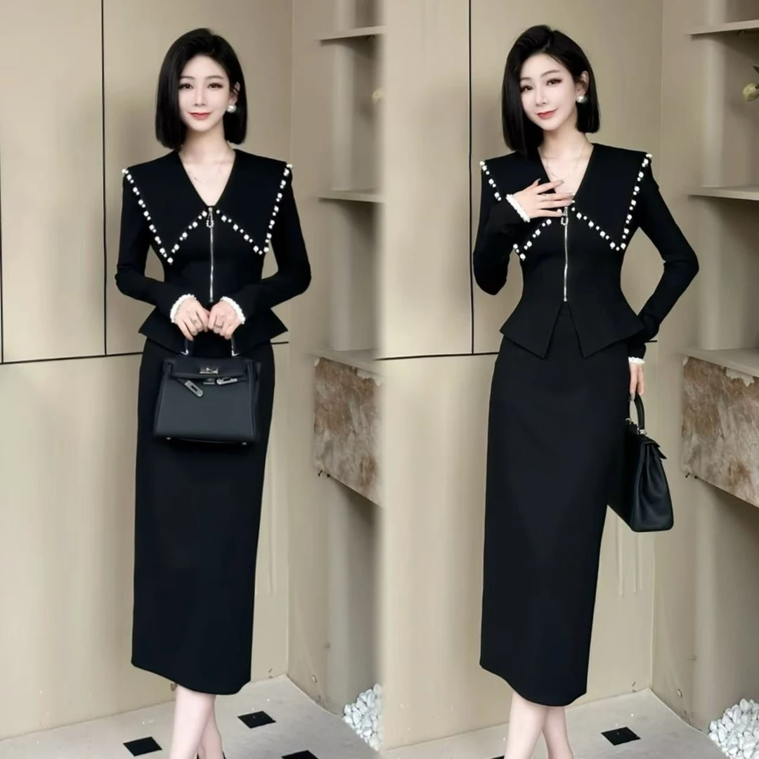 法式轻奢时尚套装2025秋季新款收腰显瘦钉珠翻领拉链上衣+半身裙