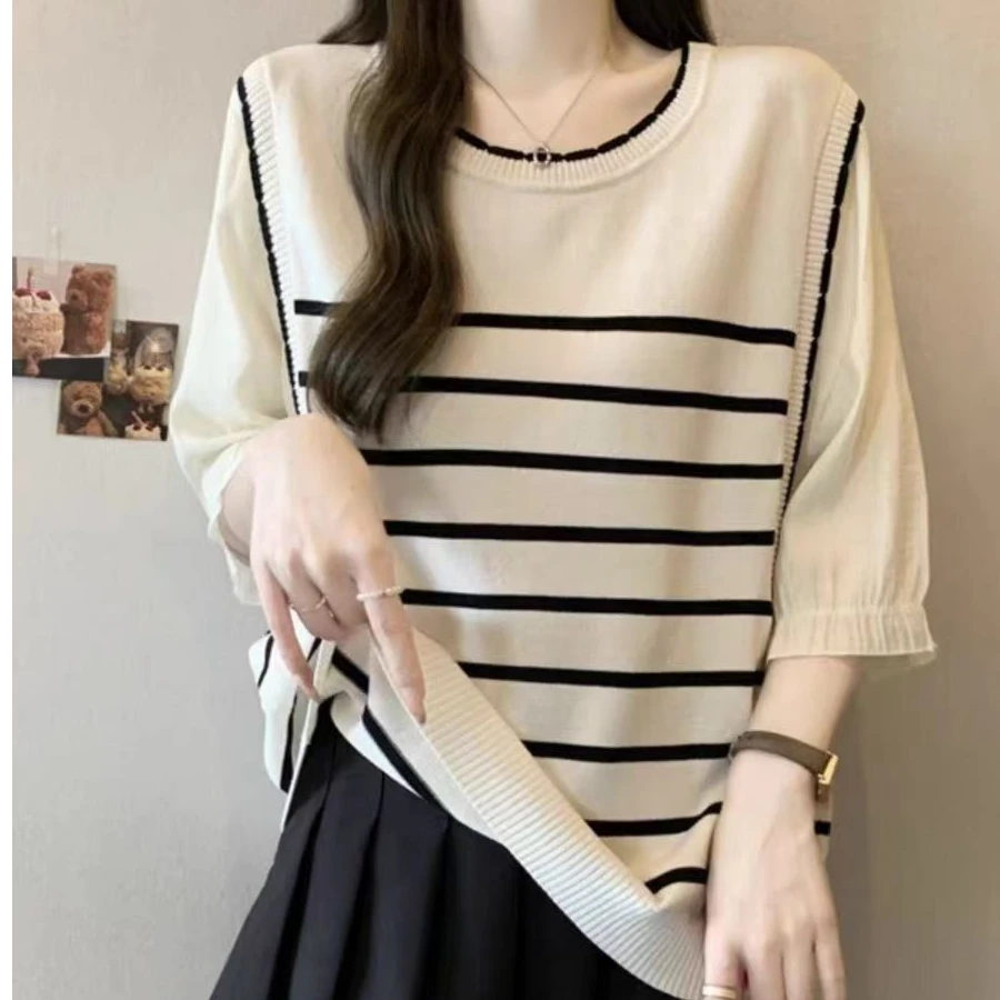 1274大码女装遮肚子条纹拼接针织衫夏季胖mm宽松显瘦t恤上衣