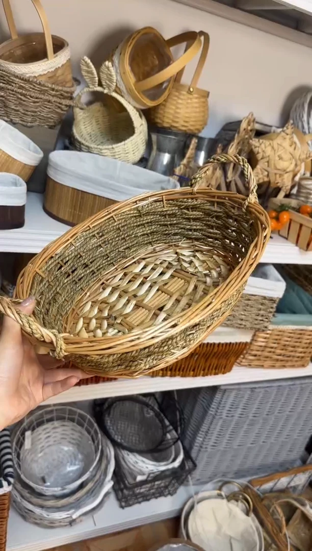 微瑕捡漏海草编双耳椭圆型小筐