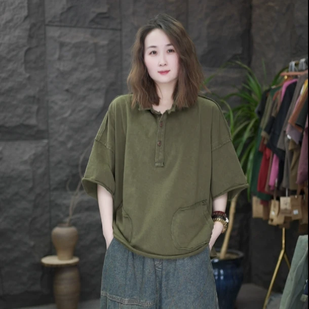 LL纯色翻领复古短袖T恤新款炒色斜插口袋设计宽松休闲设计感上衣