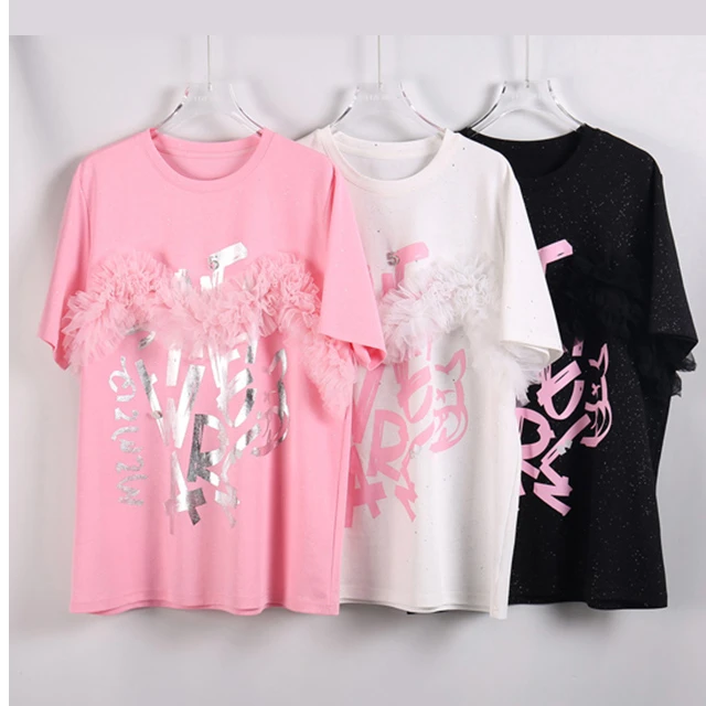 LD夏季折扣蕾丝拼接烫银重工T恤女百搭85205122