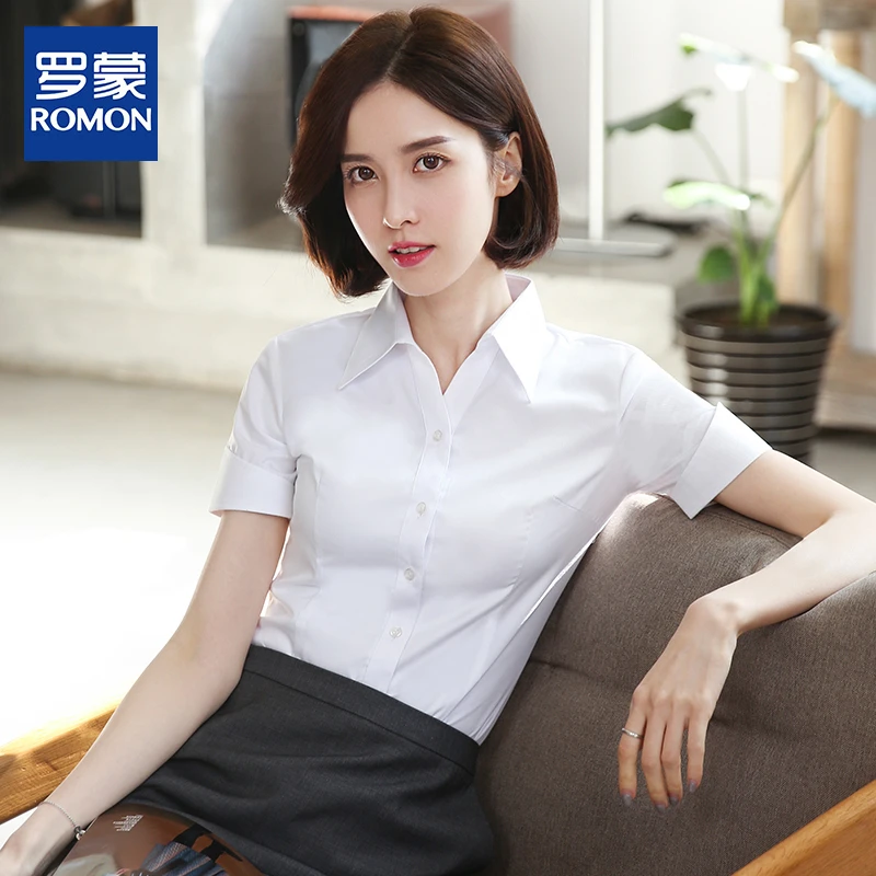 罗蒙【职业工装】商务白衬衫女短袖v领2025新款蓝色衬衣免烫工作服