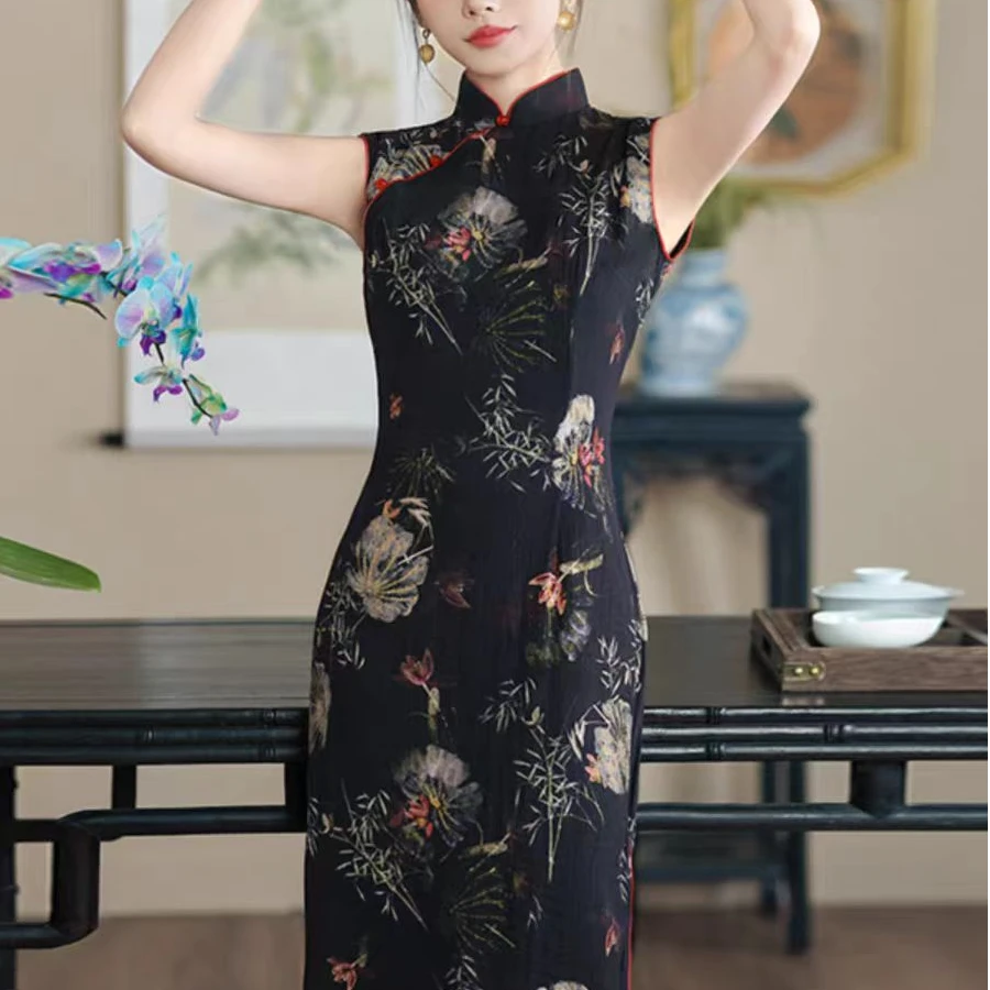 恬子梦 T673 夏季无袖 夜竹 裙长120 显瘦女士旗袍