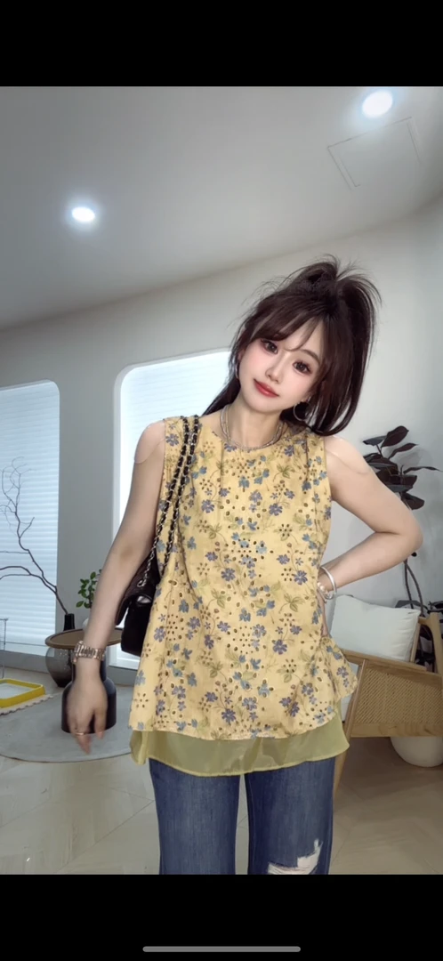 YX七SY202505201新款黄色碎花国风上衣百搭时尚无袖休闲