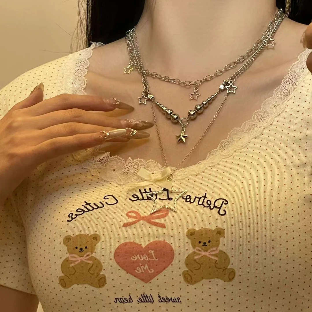 锌合金项链 2121新款锁骨链女美式多层星星项链钛钢千禧风毛衣链