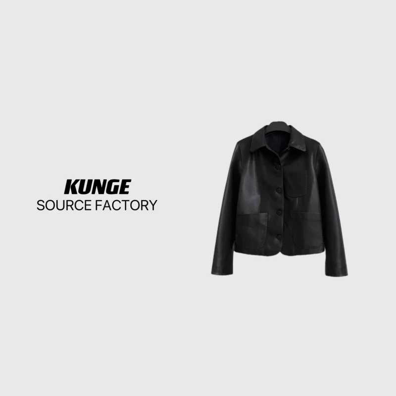 KUNGE-翻领设计师时尚百搭黑色真皮衣款式休闲外套-8634