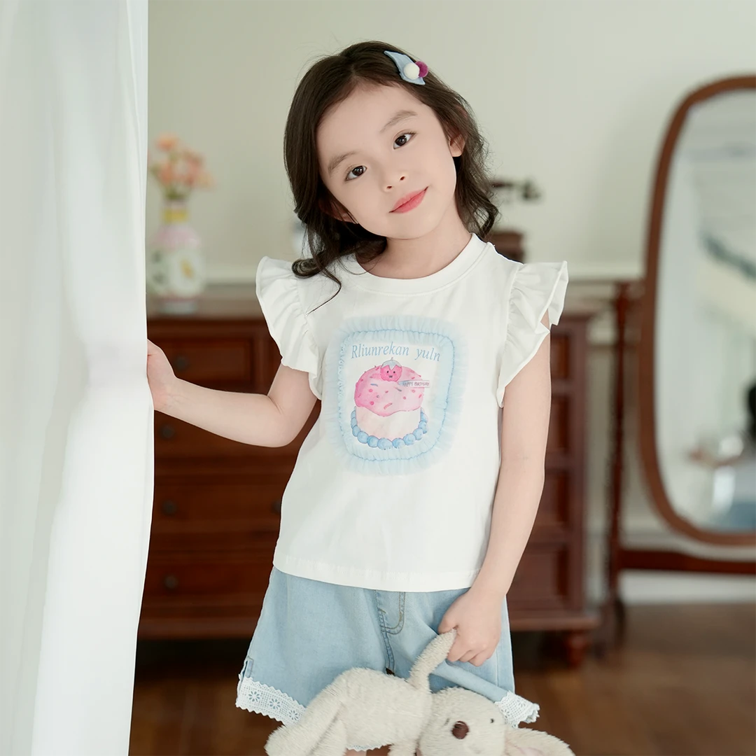 现货【草莓蛋糕】95棉5577夏装新款女童T恤时尚飞飞袖女宝百搭韩版