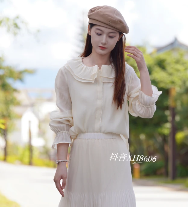 ANSUO-米白色纱质泡泡领仙气衬衫