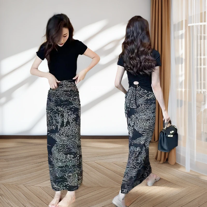 网红时尚两件套夏季新款圆领后背镂空绑带露腰短袖t恤金丝半身裙