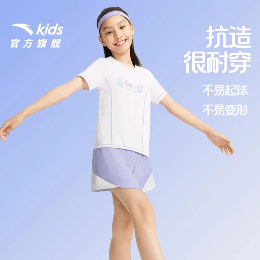 安踏儿童运动套装25夏短袖短裤女童两件针织跑步套A62525728-ZB