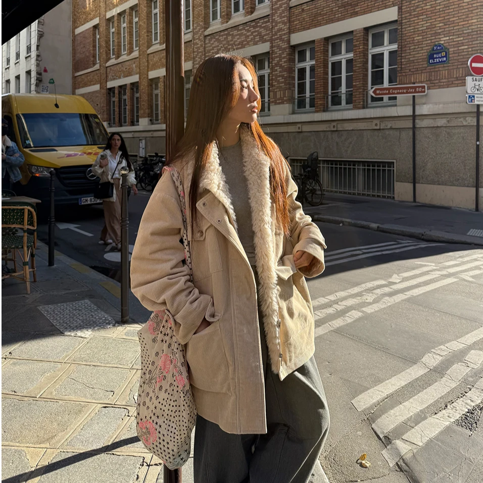 【清】IN choose u笑笑家2025冬季毛毛领加厚夹棉灯芯绒外套女80005