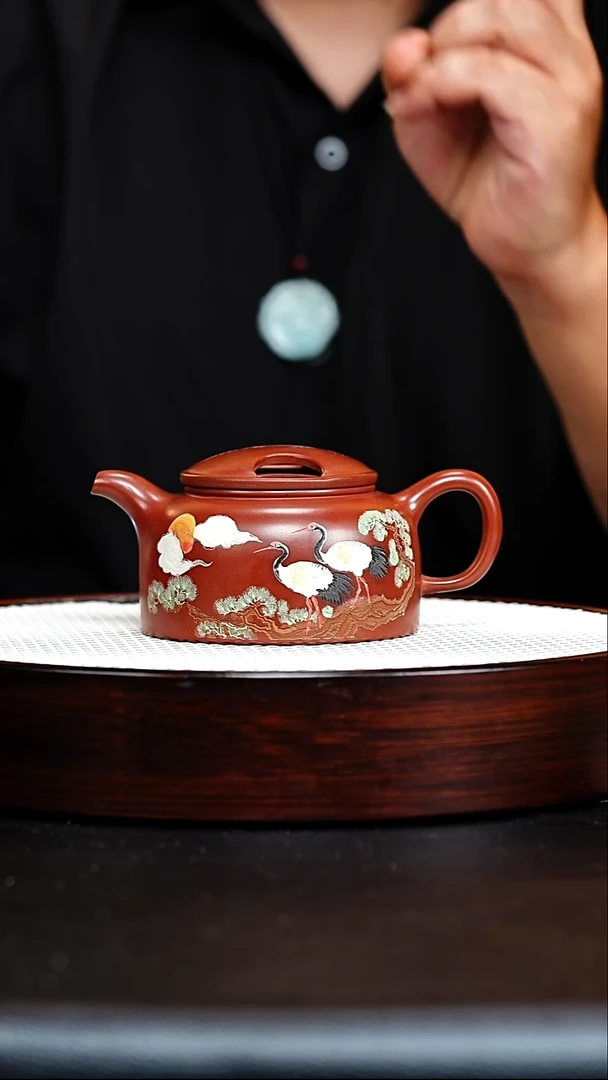 茶壶紫砂宜兴紫砂 松鹤延年 龙血砂 牛盖莲子