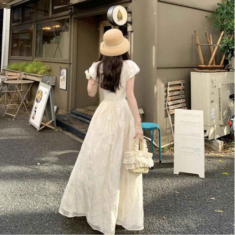法式温柔泡泡短袖收腰连衣裙女夏季甜美气质修身显瘦长款后妈裙