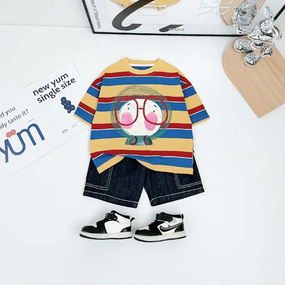 儿童短袖T恤2025夏季男童上衣女童条纹短袖新款休闲宝宝T恤潮