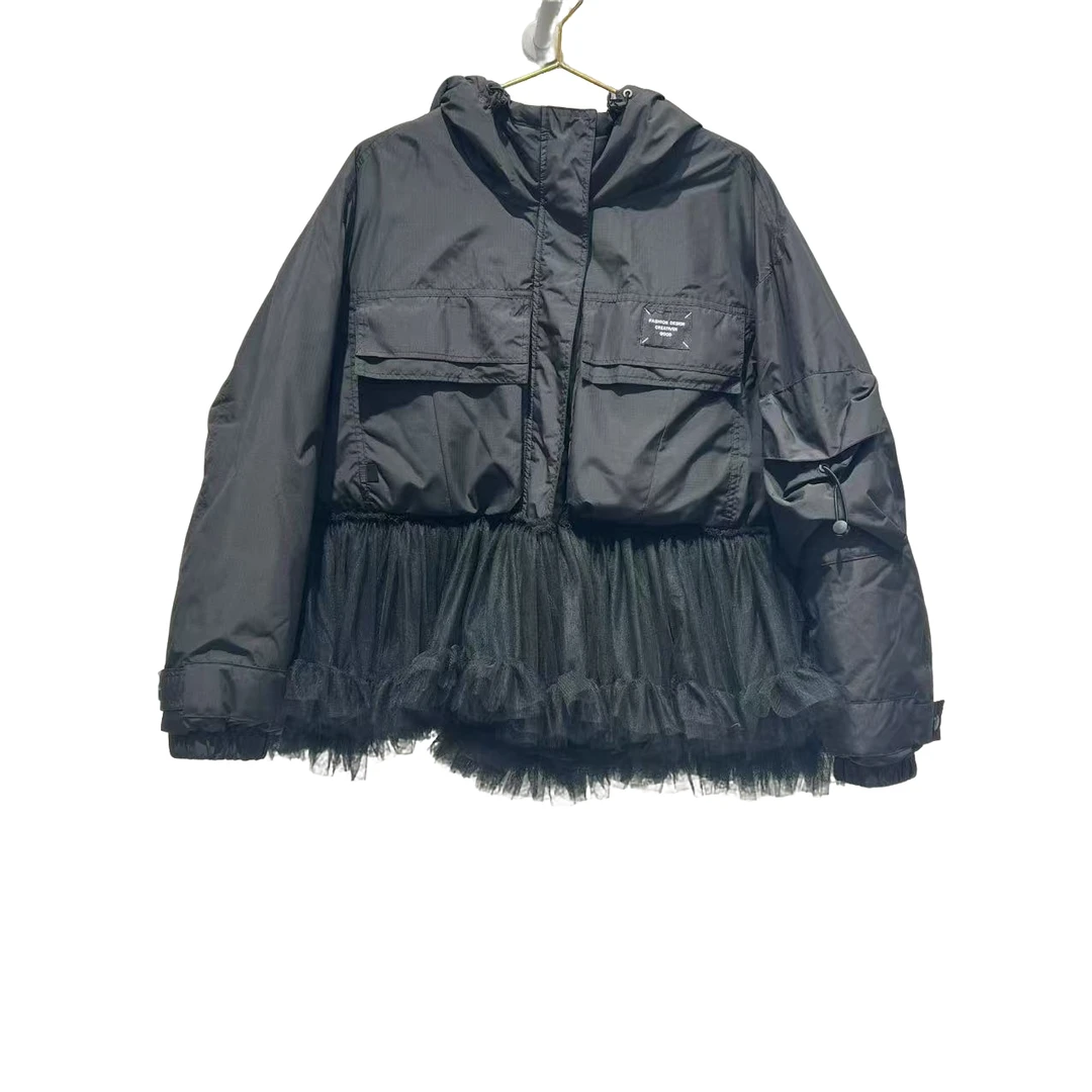 4113【珍珍优选】设计师新款羽绒服拼接纱纱冬季长袖连帽女装连衣裙