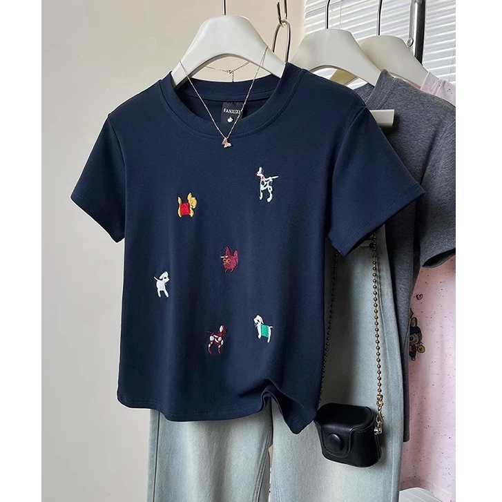 正肩短袖t恤女2025夏新款圆领修身显瘦百搭美式ins甜辣风纯棉上衣