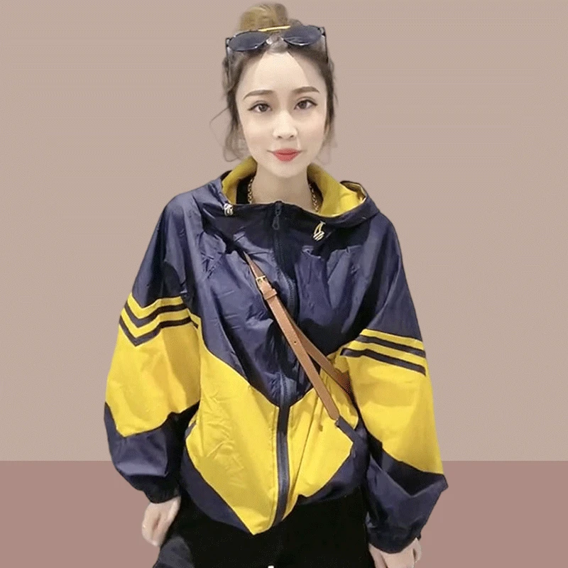 时髦连帽拼色防晒衣透气薄款外套女2025夏季新款宽松洋气防晒服女
