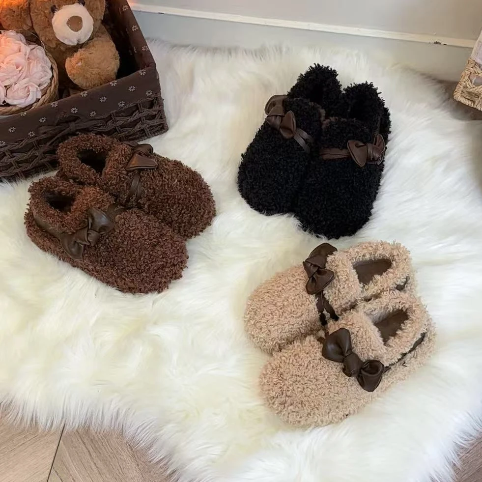 秋冬新款厚底增高蝴蝶结设计时尚百搭防滑外穿女毛毛休闲鞋保暖