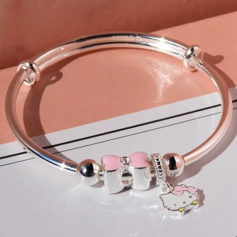 足银手镯 儿童银镯中童足银手镯女孩子蝴蝶结纯银999镯子生日礼物