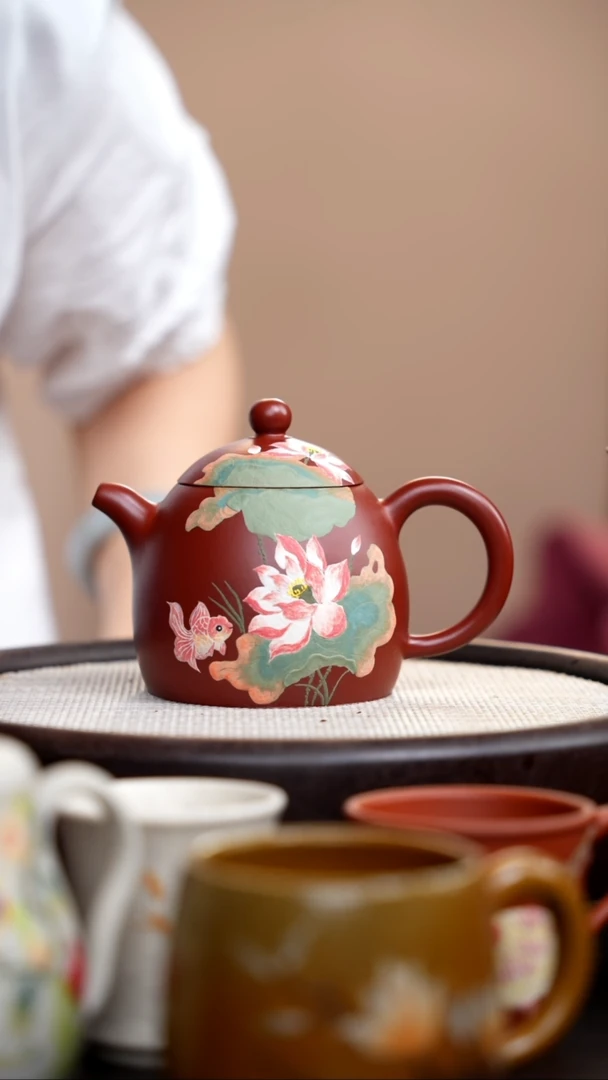 茶壶紫砂朱泥秦权泥绘荷花003