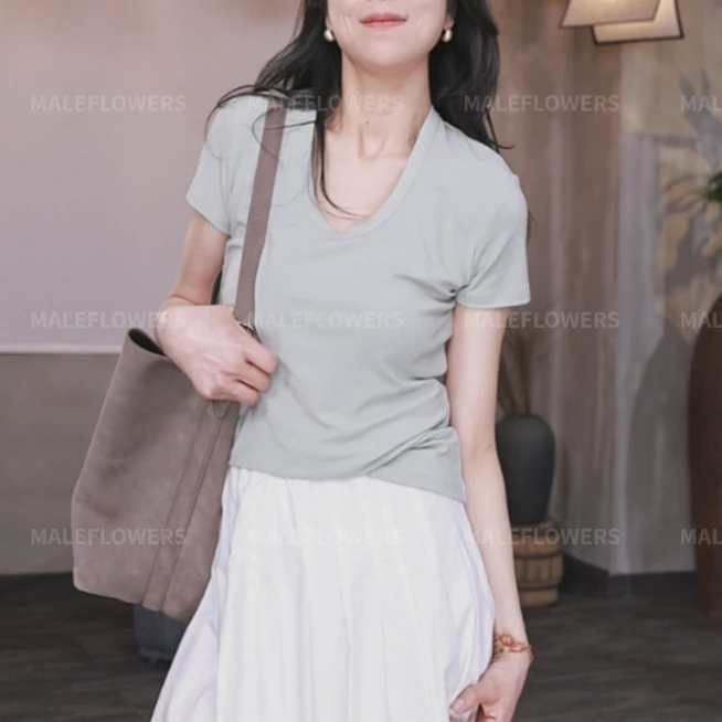 东倪MF 天丝螺纹t恤大U领修身极简百搭夏基础款短袖 85B2512