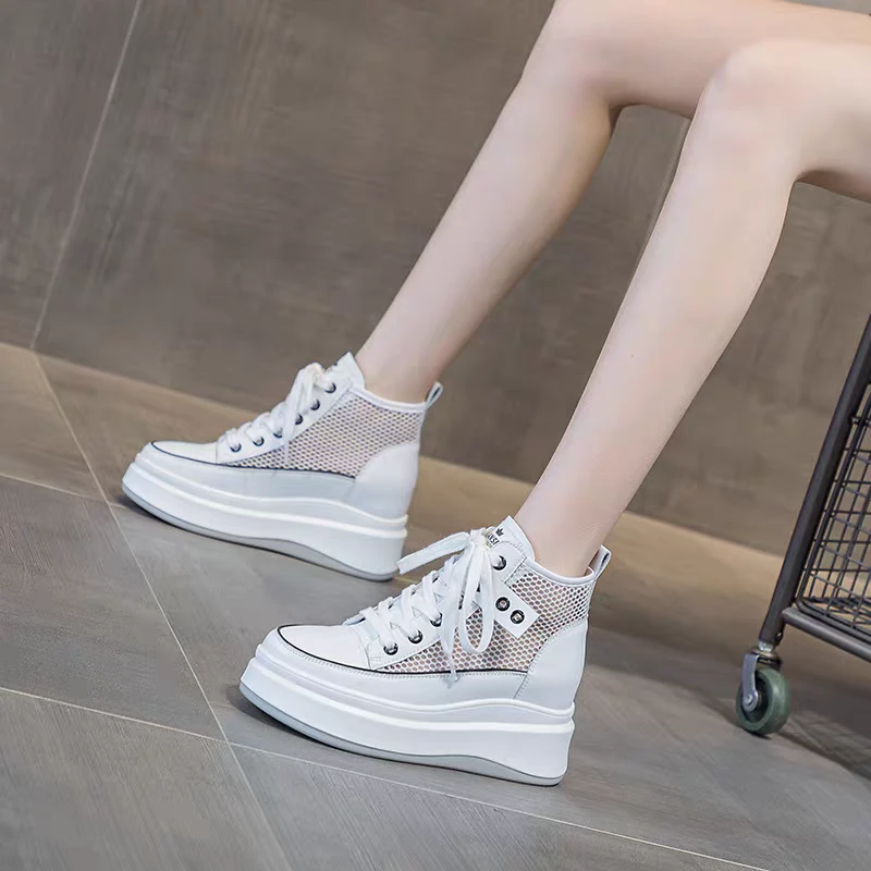 高帮鞋女新款网靴ei春夏季休闲女鞋增高小白鞋厚底松糕鞋