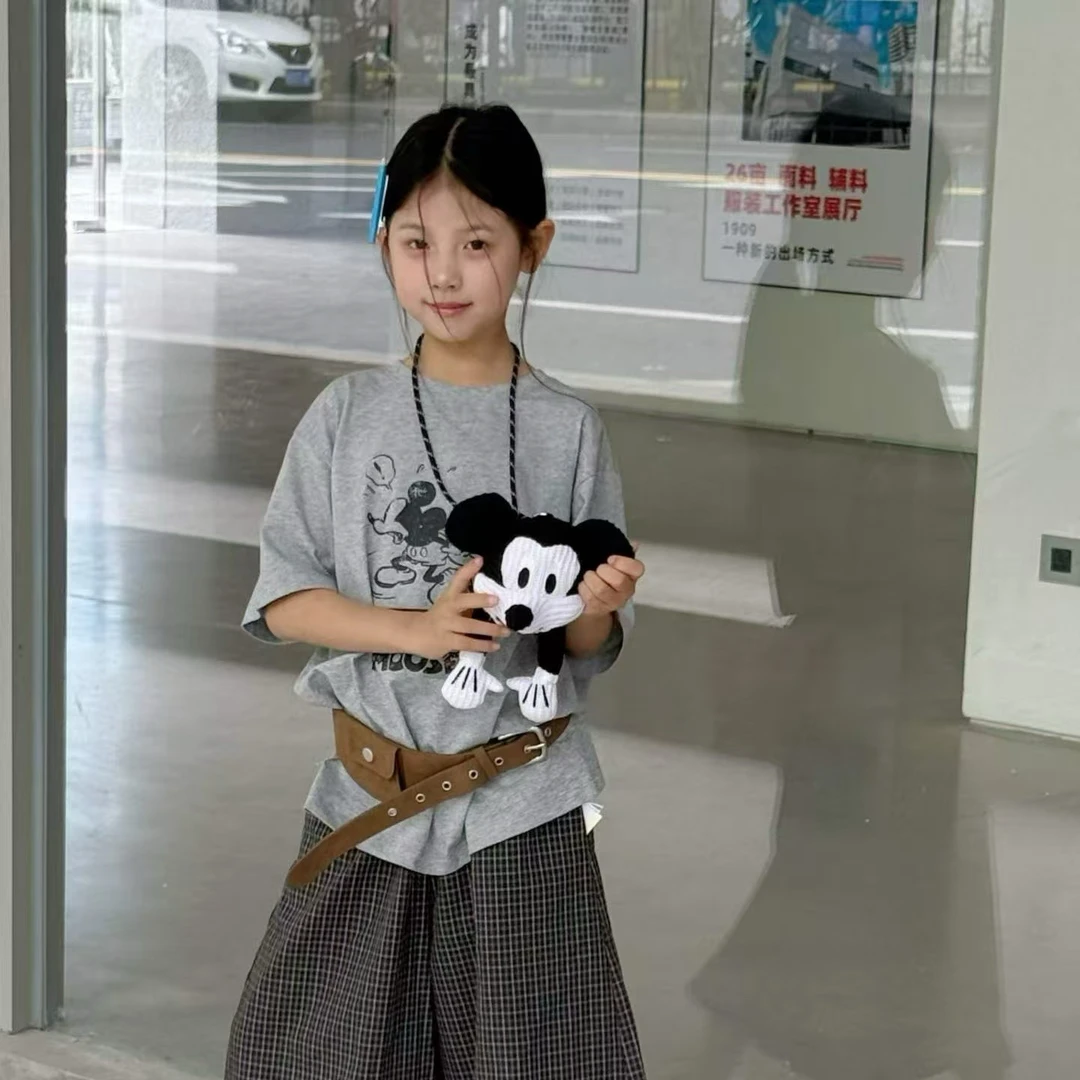 女童春夏新款2026中大童韩版米奇印花立体玩偶宽松短袖T恤266567