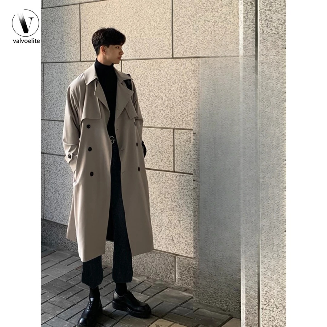 VALVOELITE风衣男中长款冬季韩版外套宽松休闲套装英伦痞帅双排扣