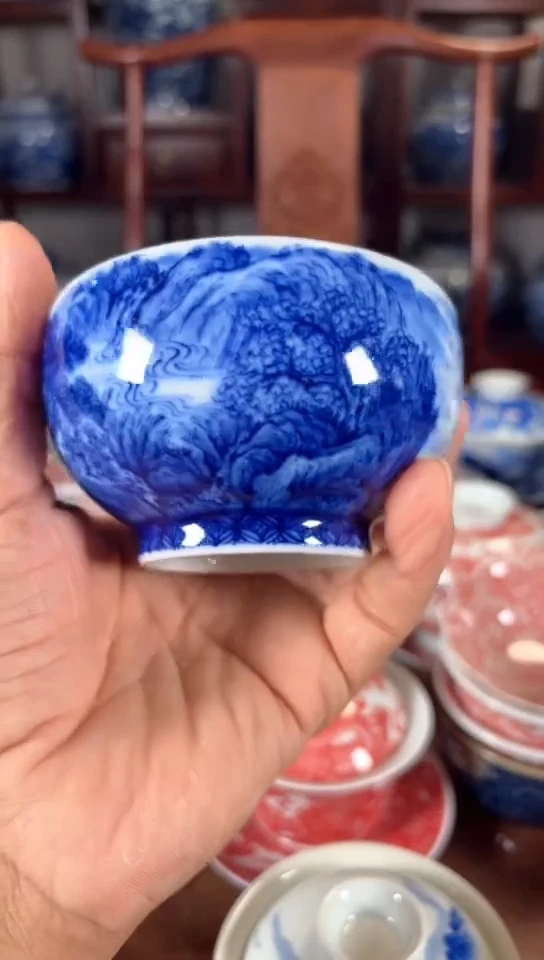 柴窑青花山水杯杯