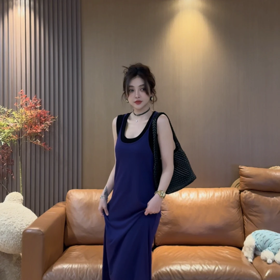 E6 夏季气质纯色针织百搭修身显瘦吊带连衣裙 EE0605