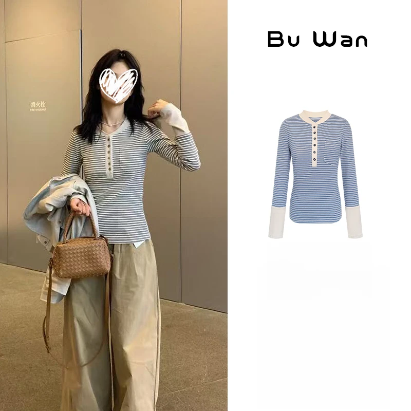 新款简约复古调性撞色半排扣条纹长袖T恤上衣女F3803