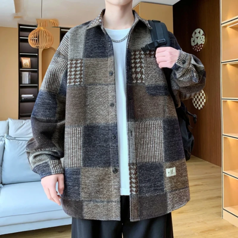 春秋新款格子翻领拼色不褪色夹克呢子外套韩版宽松男装开衫上衣