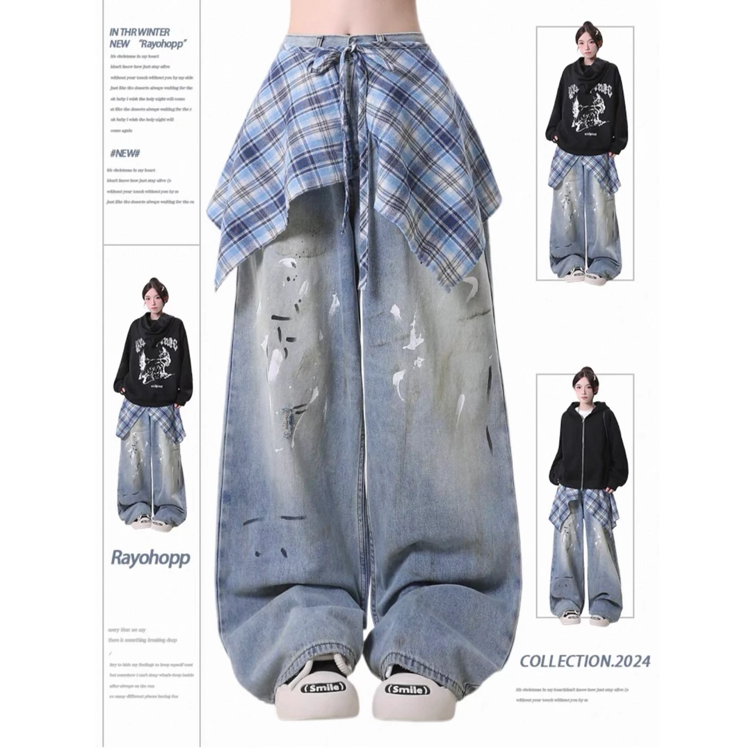 牛仔裤女美式街头创意泼墨水洗做旧腰帘设计感宽松垂感直筒长裤