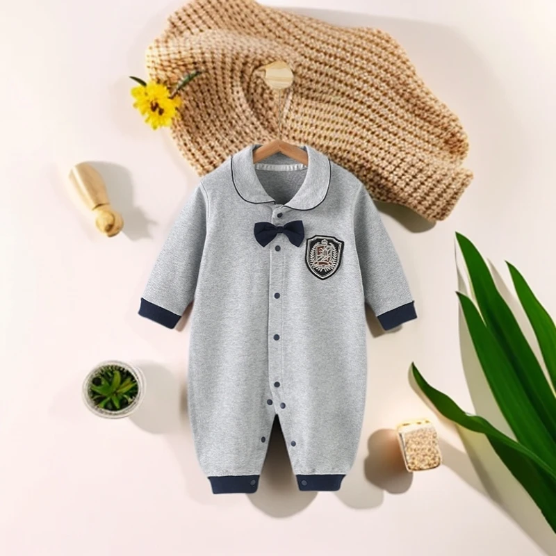 宝宝哈衣春秋英伦爬服翻领绅士风外出服婴儿连体衣周岁礼满月洋气