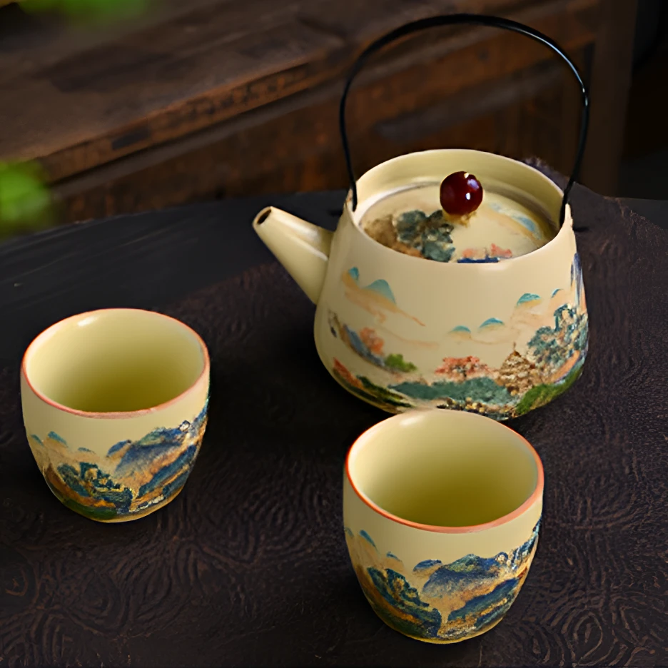 汝窑山水提梁茶壶茶杯组合套装 1633